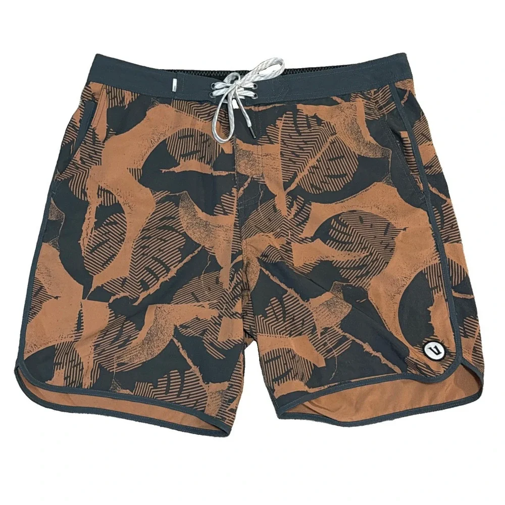 Vuori Cruise Board Shorts Unlined Swim Trunks Stretch 33x7 Mens Rust Brown Gray